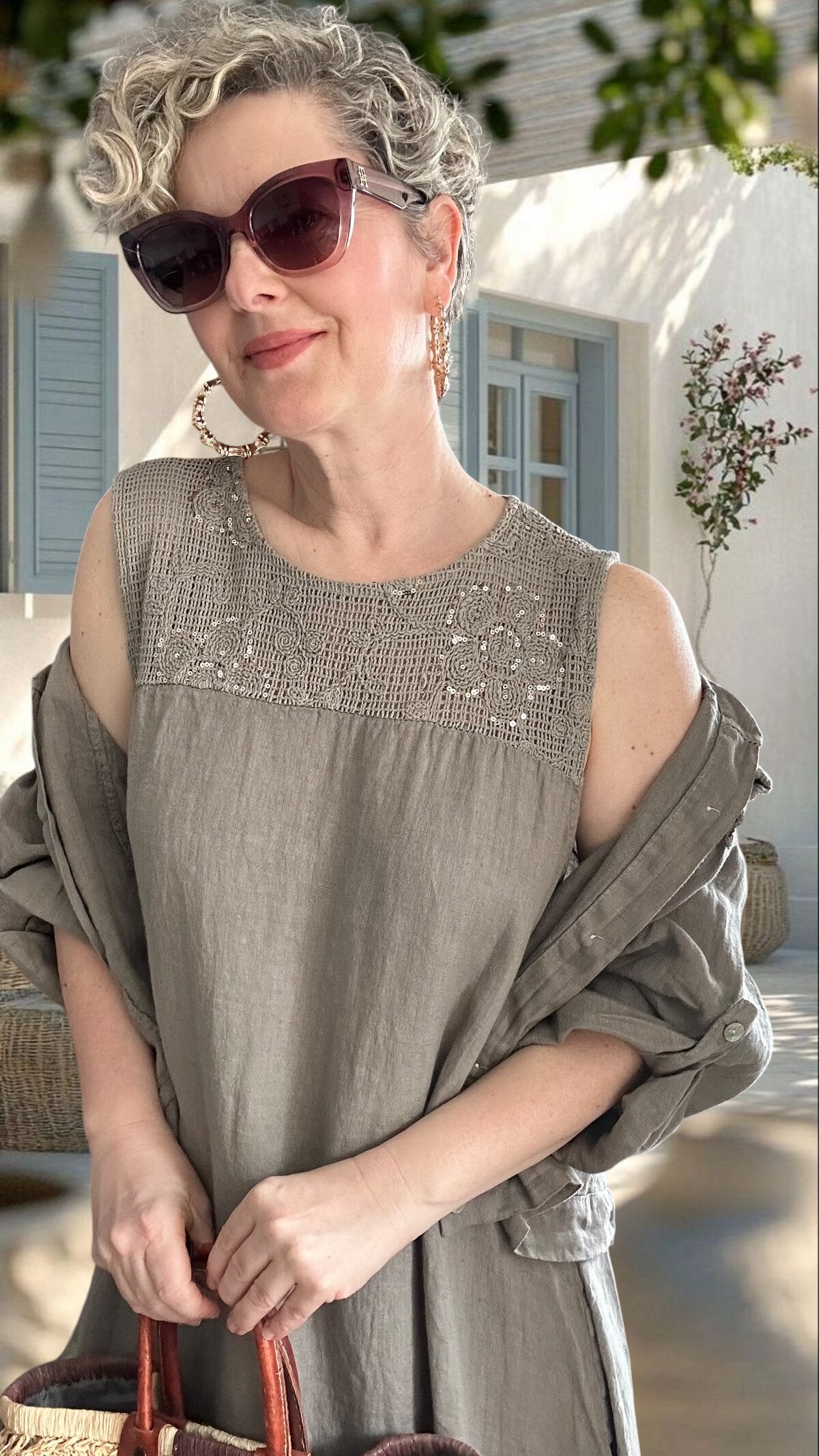 Fisso %100 Linen Kolsuz Elbise & Cep Pul Detaylı Ceket Takım Fango