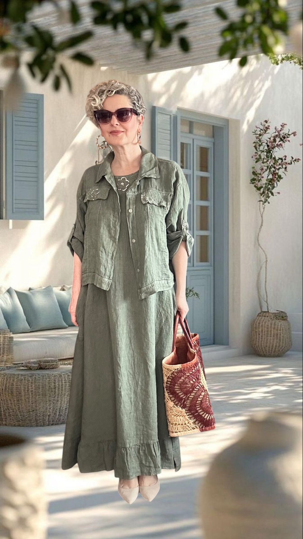 Fisso %100 Linen Kolsuz Elbise & Cep Pul Detaylı Ceket Takım Haki