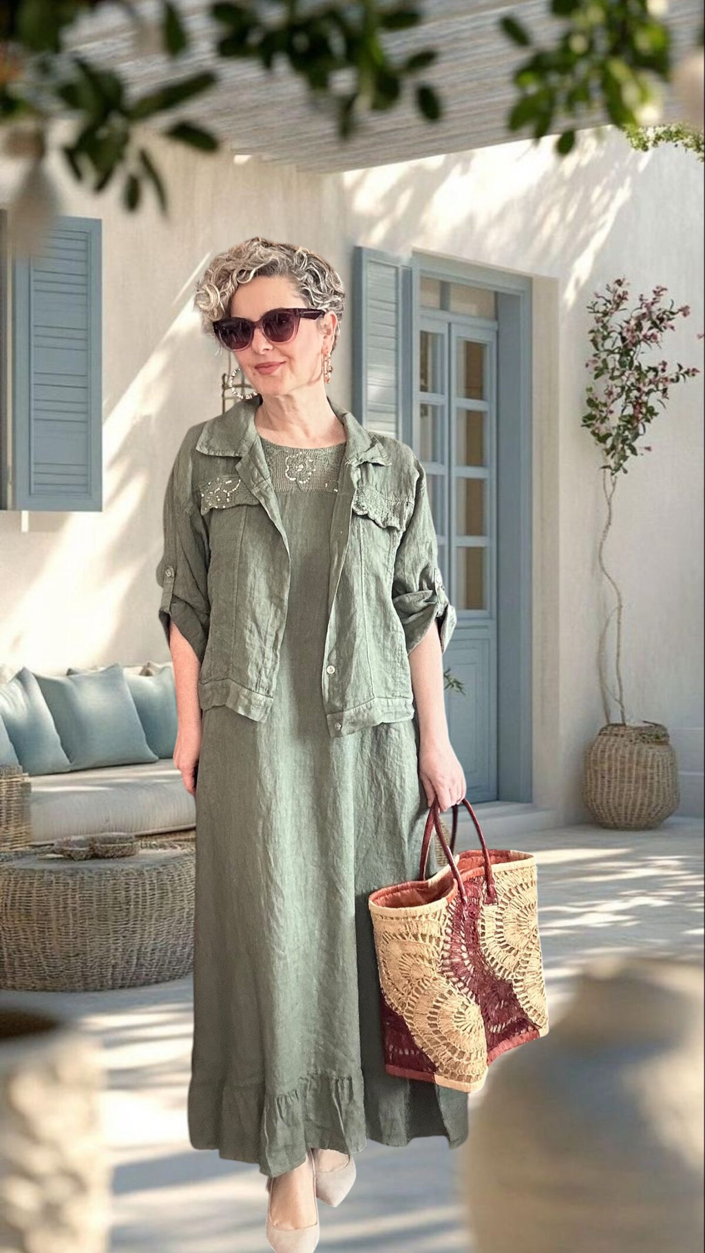 Fisso %100 Linen Kolsuz Elbise & Cep Pul Detaylı Ceket Takım Haki
