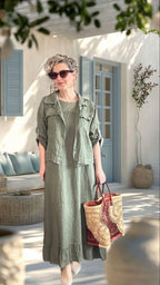 Fisso %100 Linen Kolsuz Elbise & Cep Pul Detaylı Ceket Takım Haki