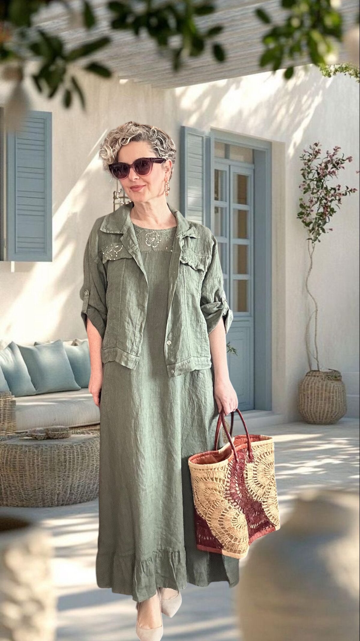 Fisso %100 Linen Kolsuz Elbise & Cep Pul Detaylı Ceket Takım Haki