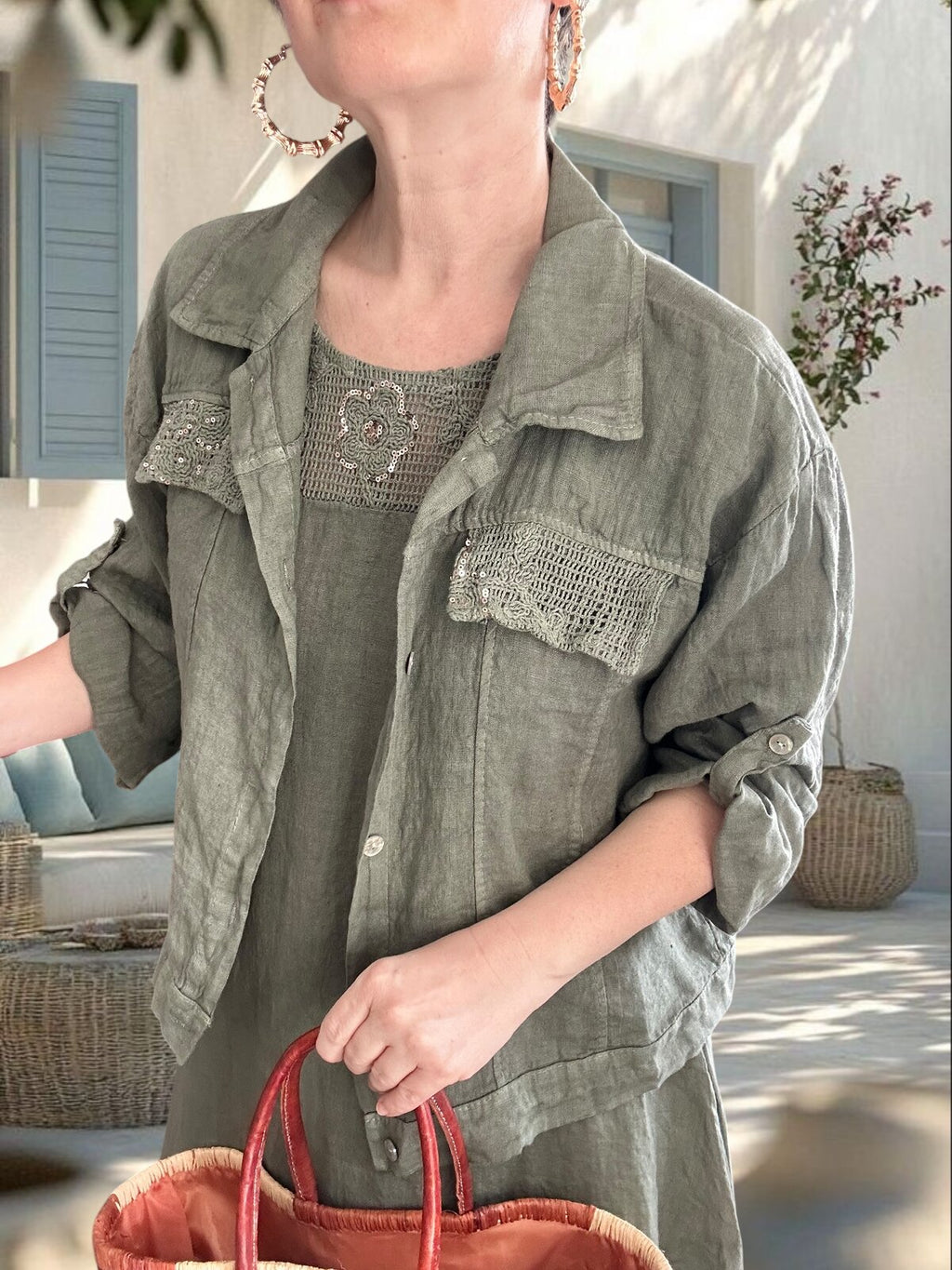 Fisso %100 Linen Kolsuz Elbise & Cep Pul Detaylı Ceket Takım Haki
