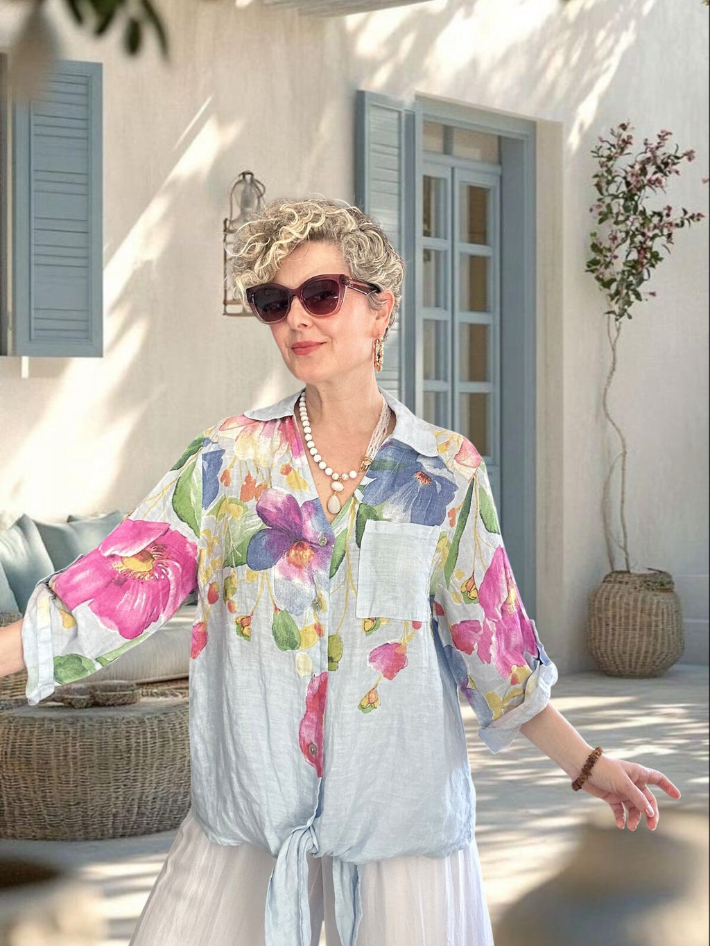 Flora İtalyan Floral Desenli Bağlamalı Linen Gömlek Bebe Mavi