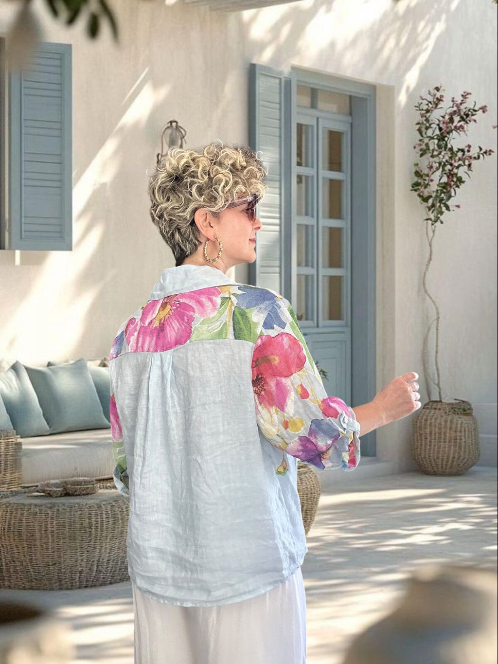 Flora İtalyan Floral Desenli Bağlamalı Linen Gömlek Bebe Mavi
