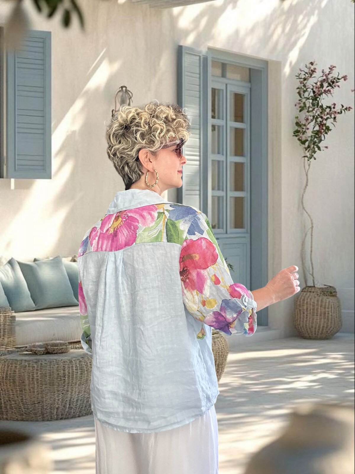 Flora İtalyan Floral Desenli Bağlamalı Linen Gömlek Bebe Mavi