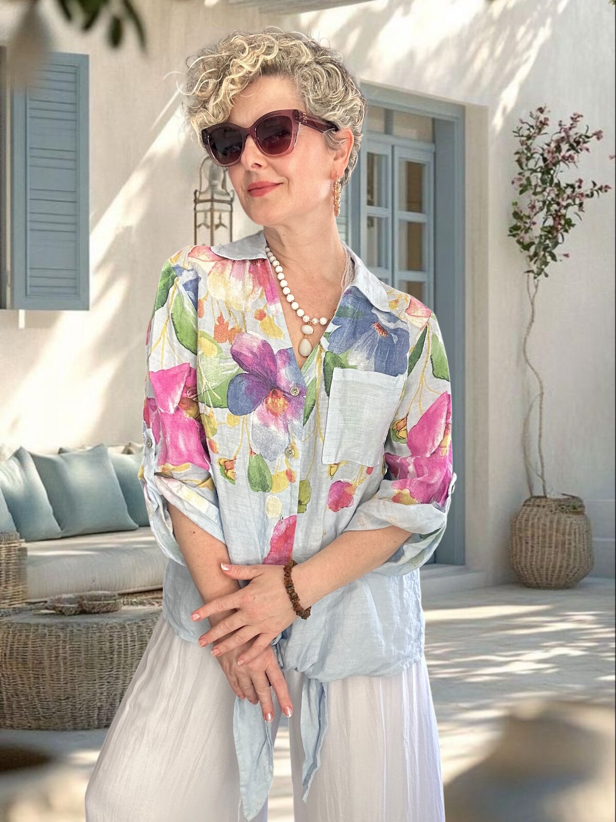Flora İtalyan Floral Desenli Bağlamalı Linen Gömlek Bebe Mavi