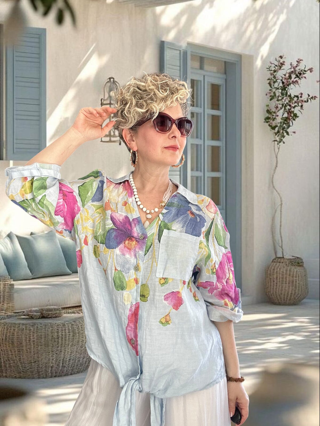 Flora İtalyan Floral Desenli Bağlamalı Linen Gömlek Bebe Mavi