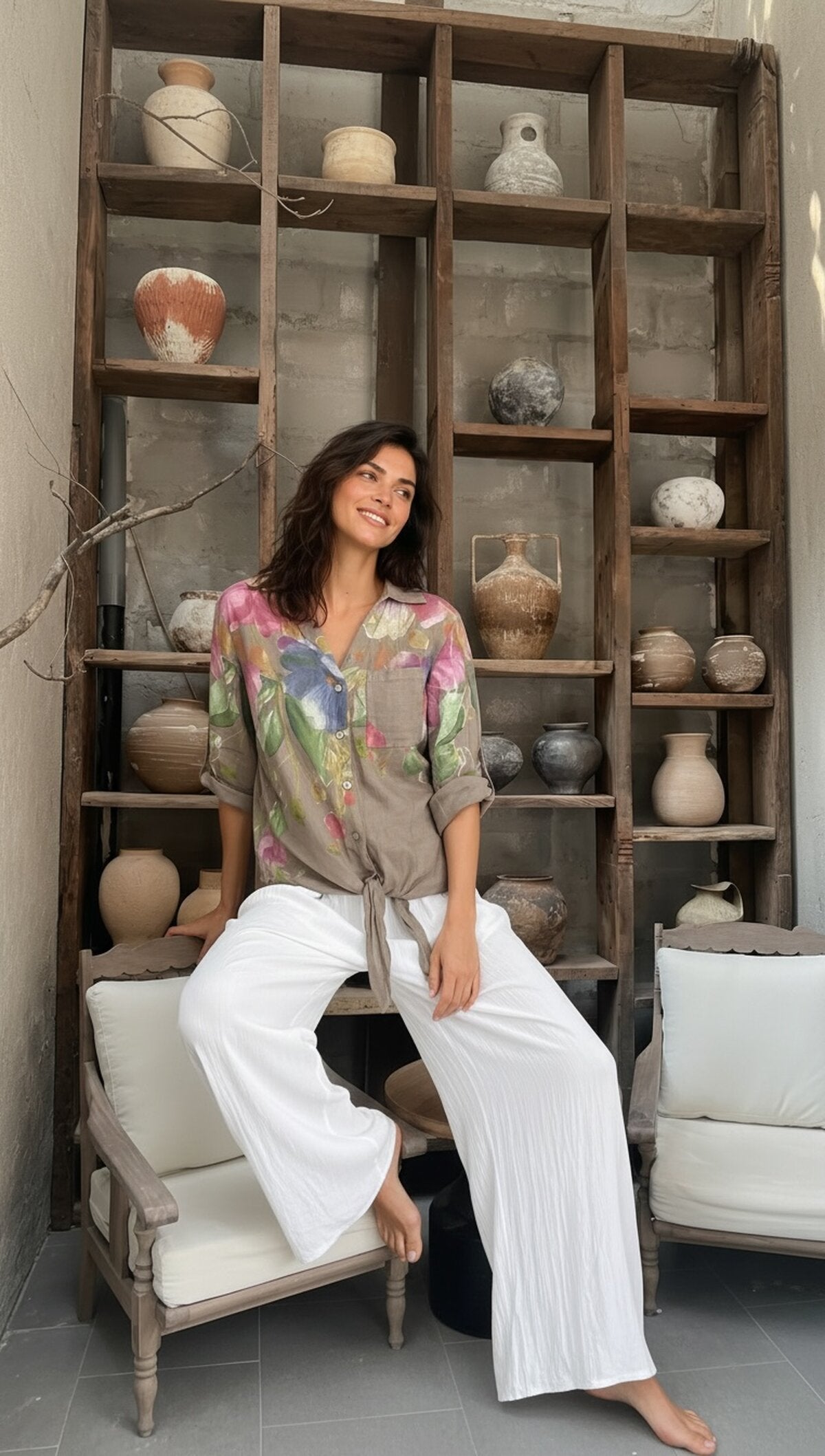 Flora İtalyan Floral Desenli Bağlamalı Linen Gömlek Fango