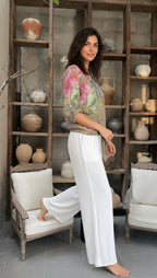 Flora İtalyan Floral Desenli Bağlamalı Linen Gömlek Fango