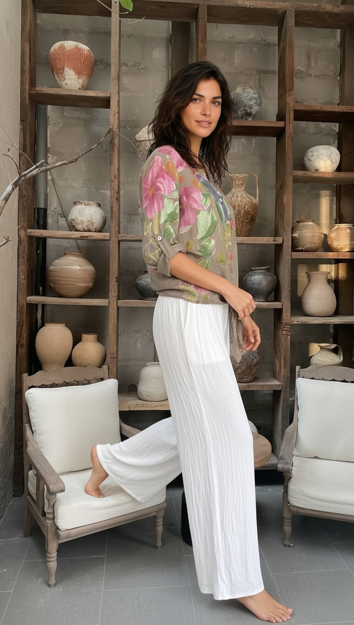 Flora İtalyan Floral Desenli Bağlamalı Linen Gömlek Fango