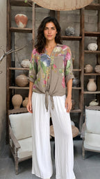 Flora İtalyan Floral Desenli Bağlamalı Linen Gömlek Fango
