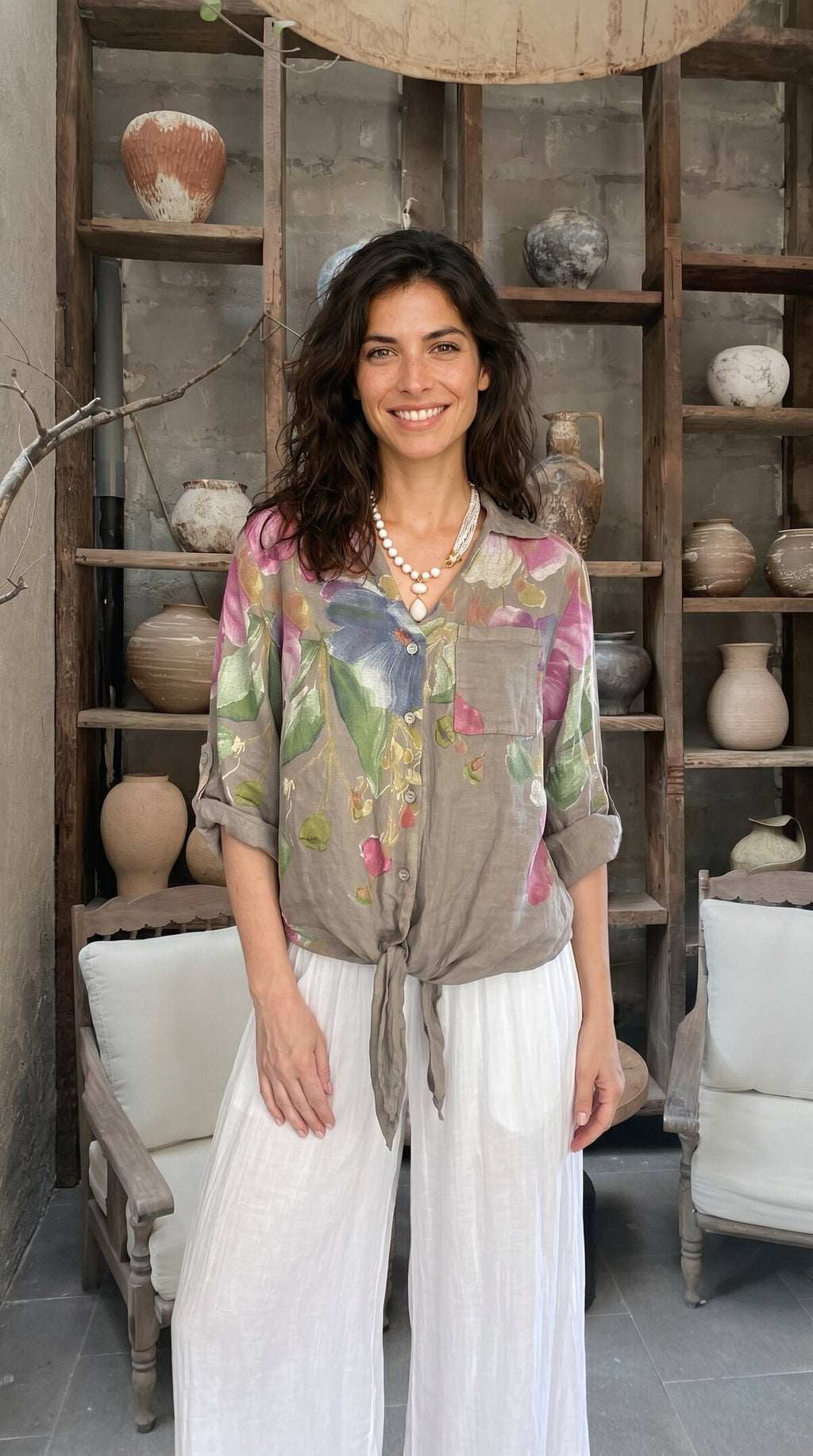 Flora İtalyan Floral Desenli Bağlamalı Linen Gömlek Fango