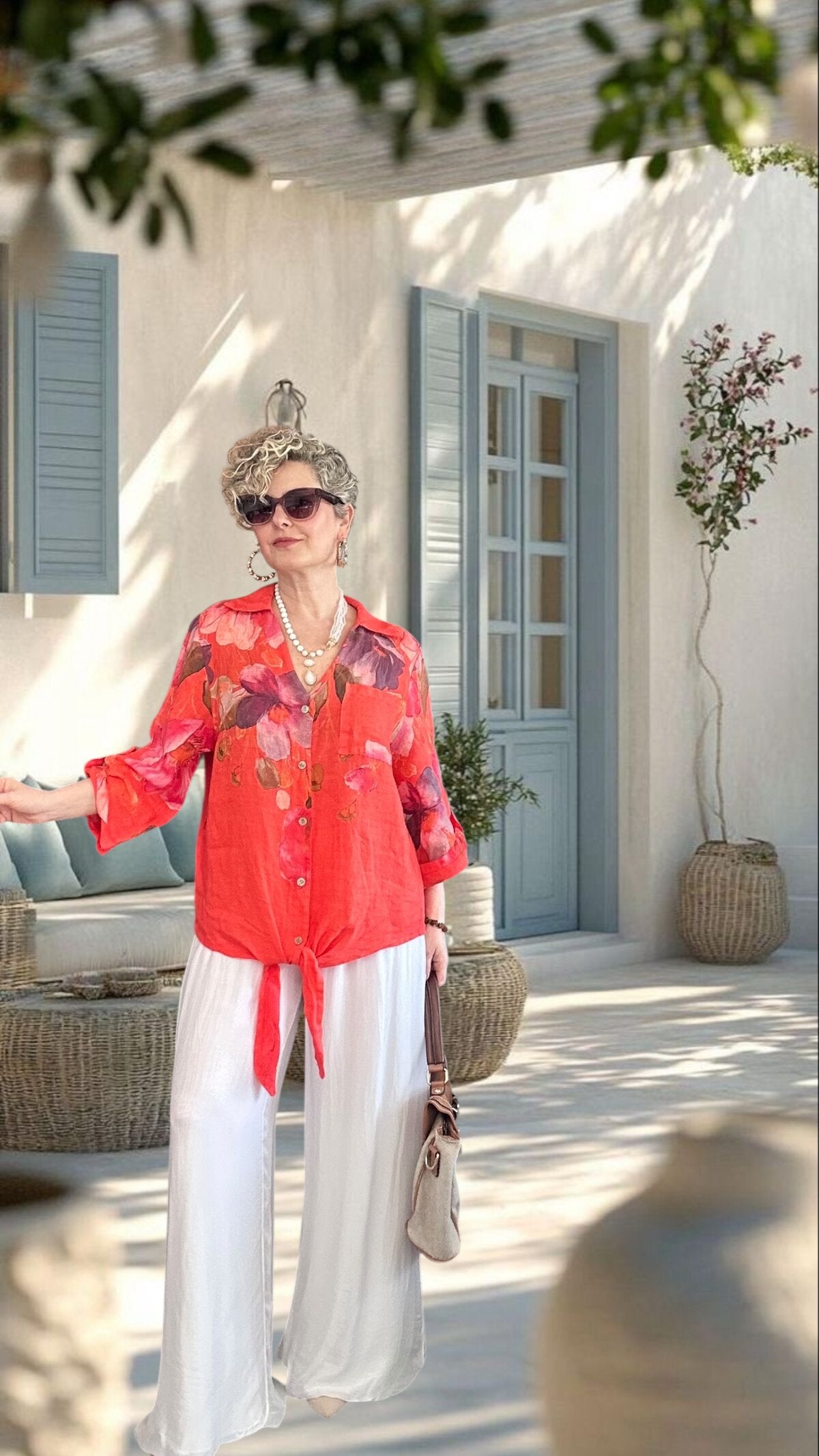 Flora İtalyan Floral Desenli Bağlamalı Linen Gömlek Mercan