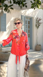 Flora İtalyan Floral Desenli Bağlamalı Linen Gömlek Mercan