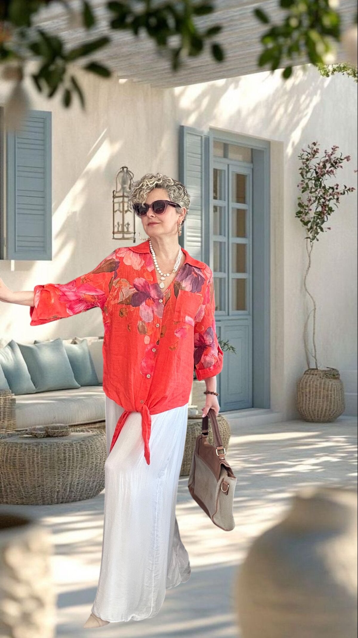 Flora İtalyan Floral Desenli Bağlamalı Linen Gömlek Mercan