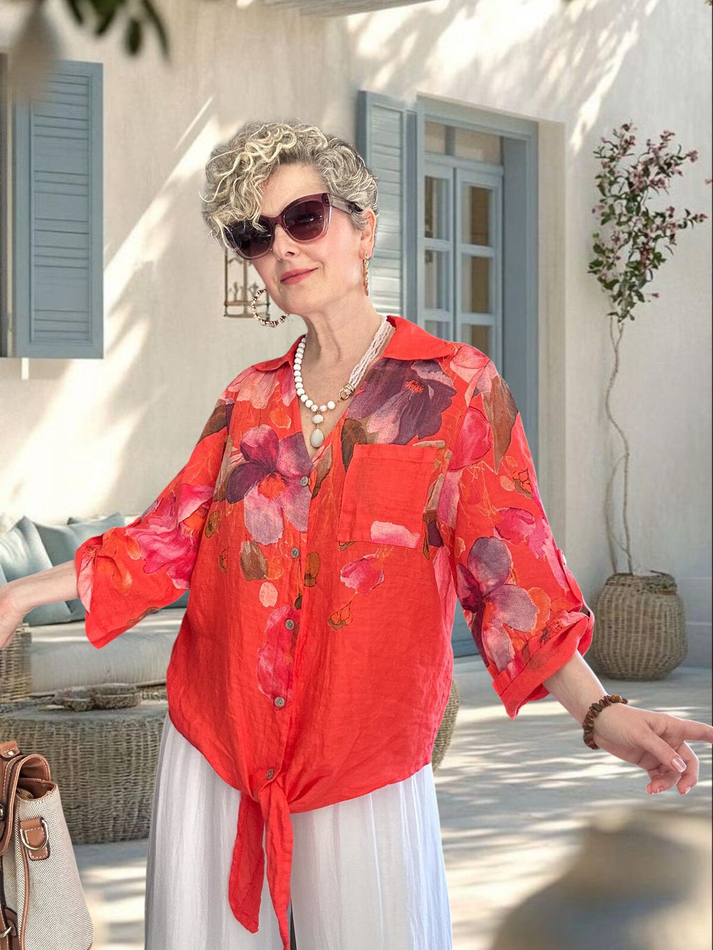 Flora İtalyan Floral Desenli Bağlamalı Linen Gömlek Mercan