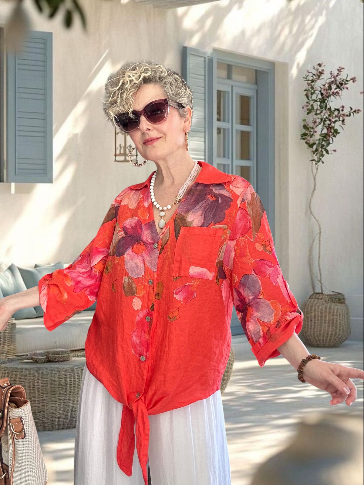 Flora İtalyan Floral Desenli Bağlamalı Linen Gömlek Mercan