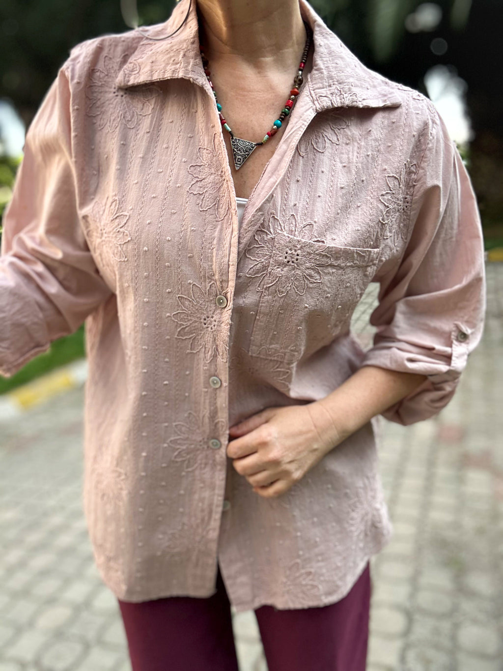 Gesso İtalyan Çiçek Fisto Detay Gömlek Pudra