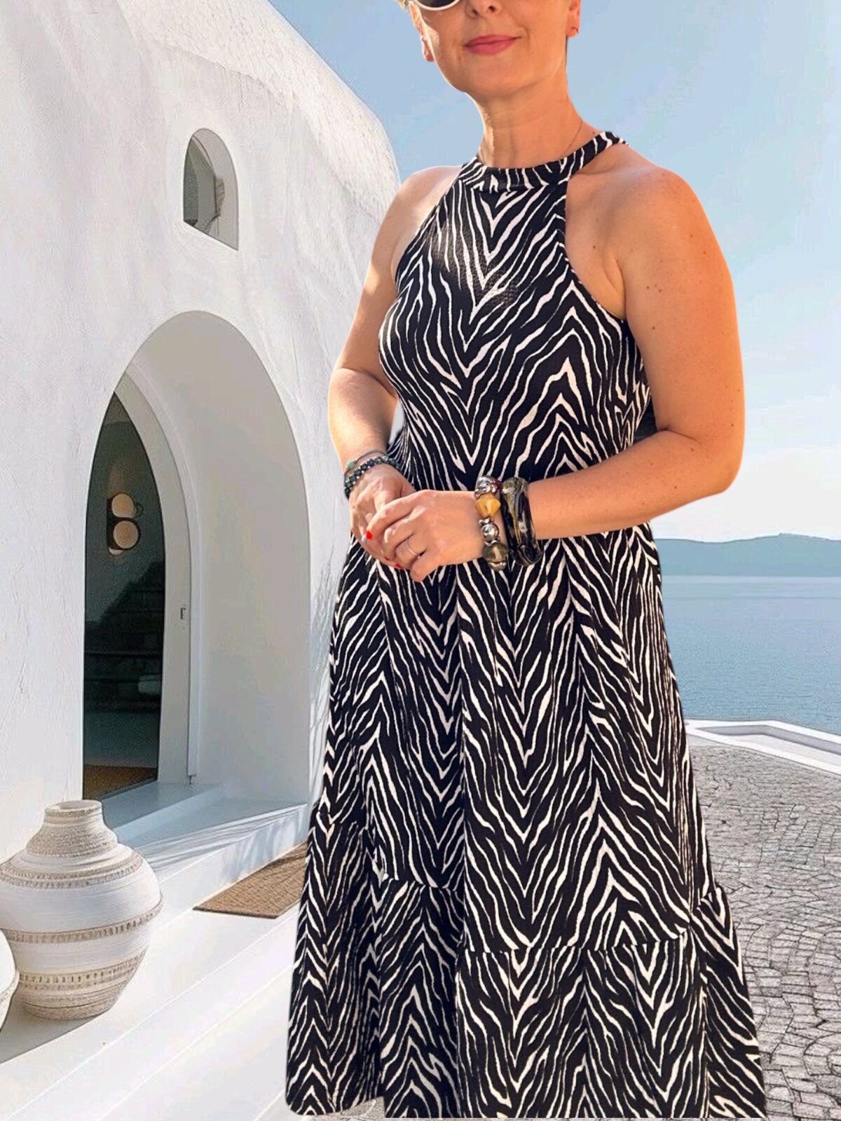 Hera Halter Zebra Desenli Elbise