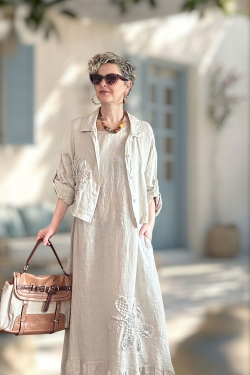 Kubba İthal %100 Linen Ceket & Kolsuz Elbise Takımı Papatya Beige