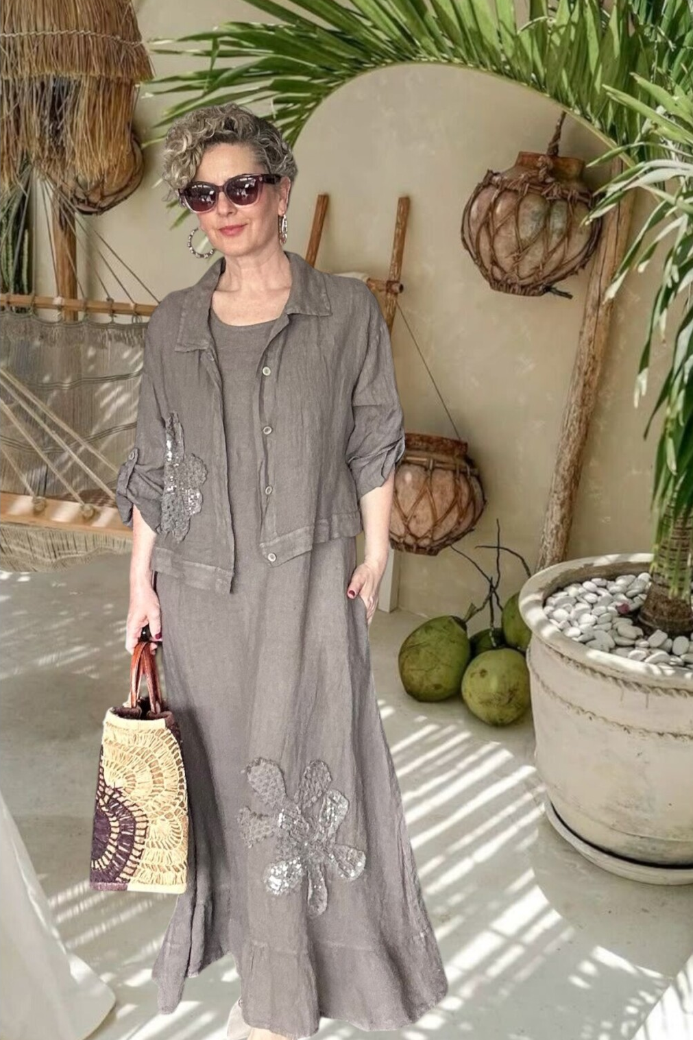 Kubba İthal %100 Linen Ceket & Kolsuz Elbise Takımı Papatya Fango