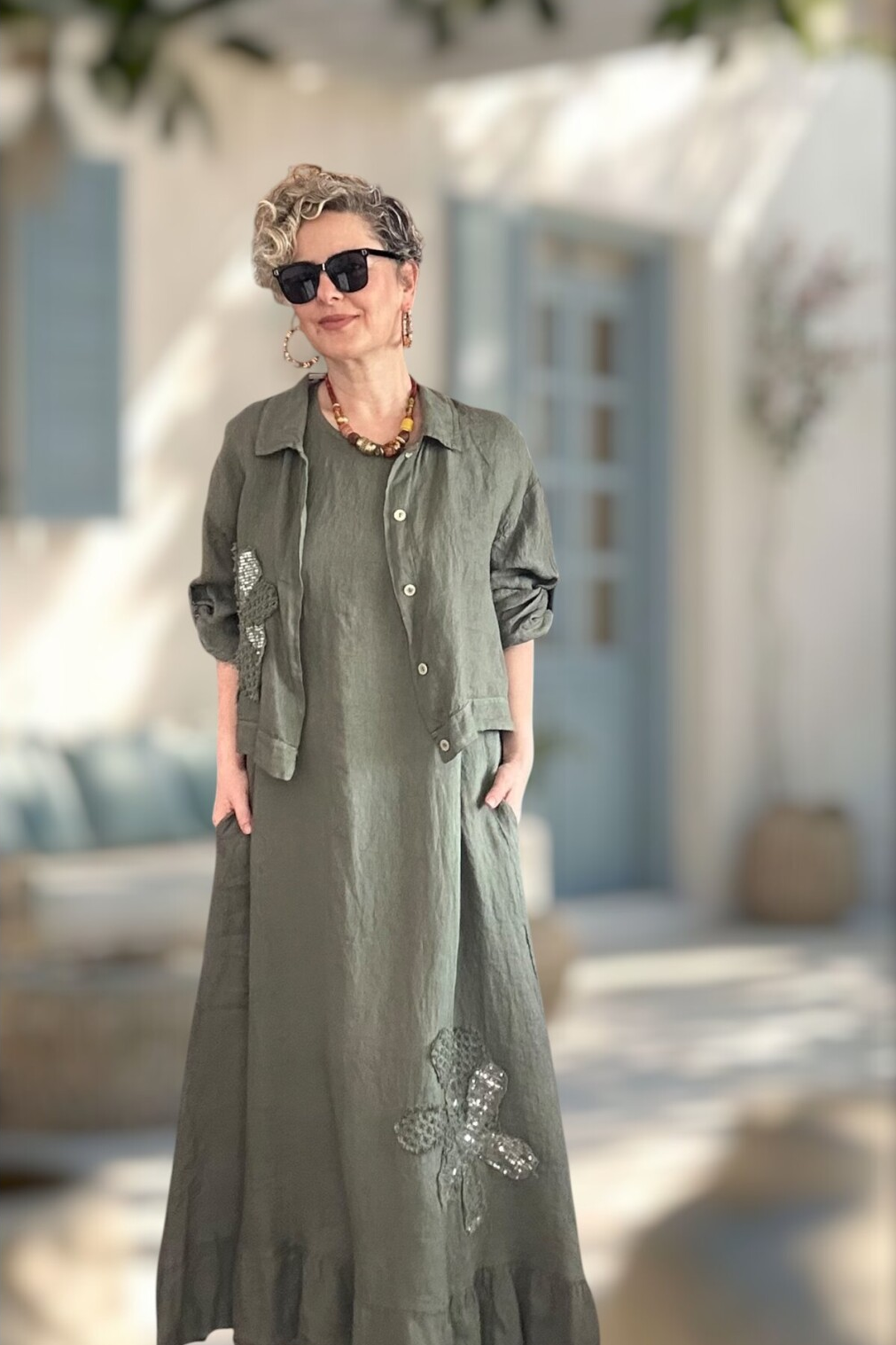 Kubba İthal %100 Linen Ceket & Kolsuz Elbise Takımı Papatya Haki