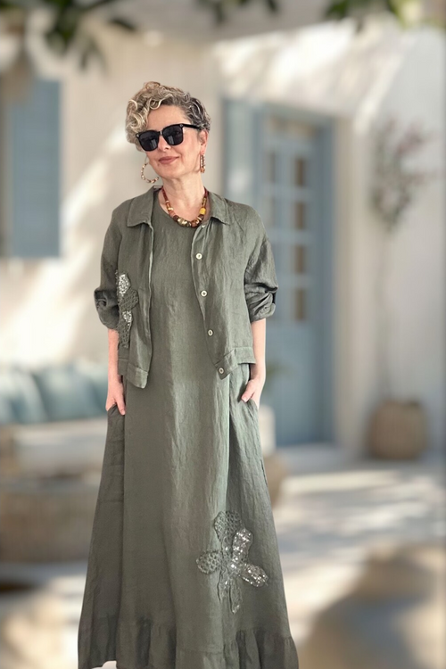 Kubba İthal %100 Linen Ceket & Kolsuz Elbise Takımı Papatya Haki