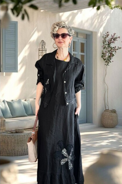 Kubba İthal %100 Linen Ceket & Kolsuz Elbise Takımı Papatya Siyah