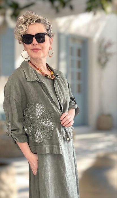 Kubba İthal %100 Linen Ceket & Kolsuz Elbise Takımı Papatya Haki