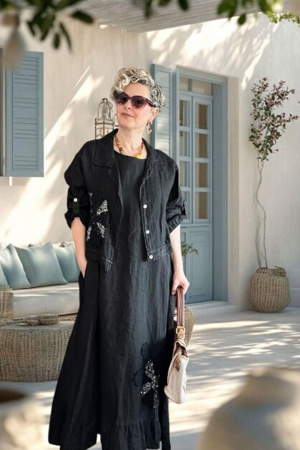 Kubba İthal %100 Linen Ceket & Kolsuz Elbise Takımı Papatya Siyah