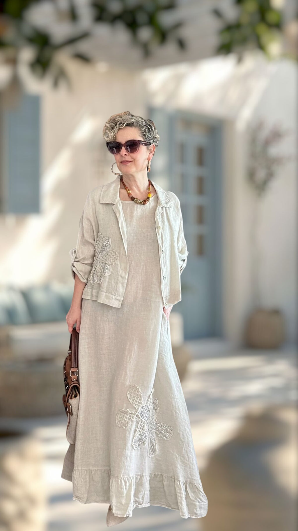 Kubba İthal %100 Linen Ceket & Kolsuz Elbise Takımı Papatya Beige