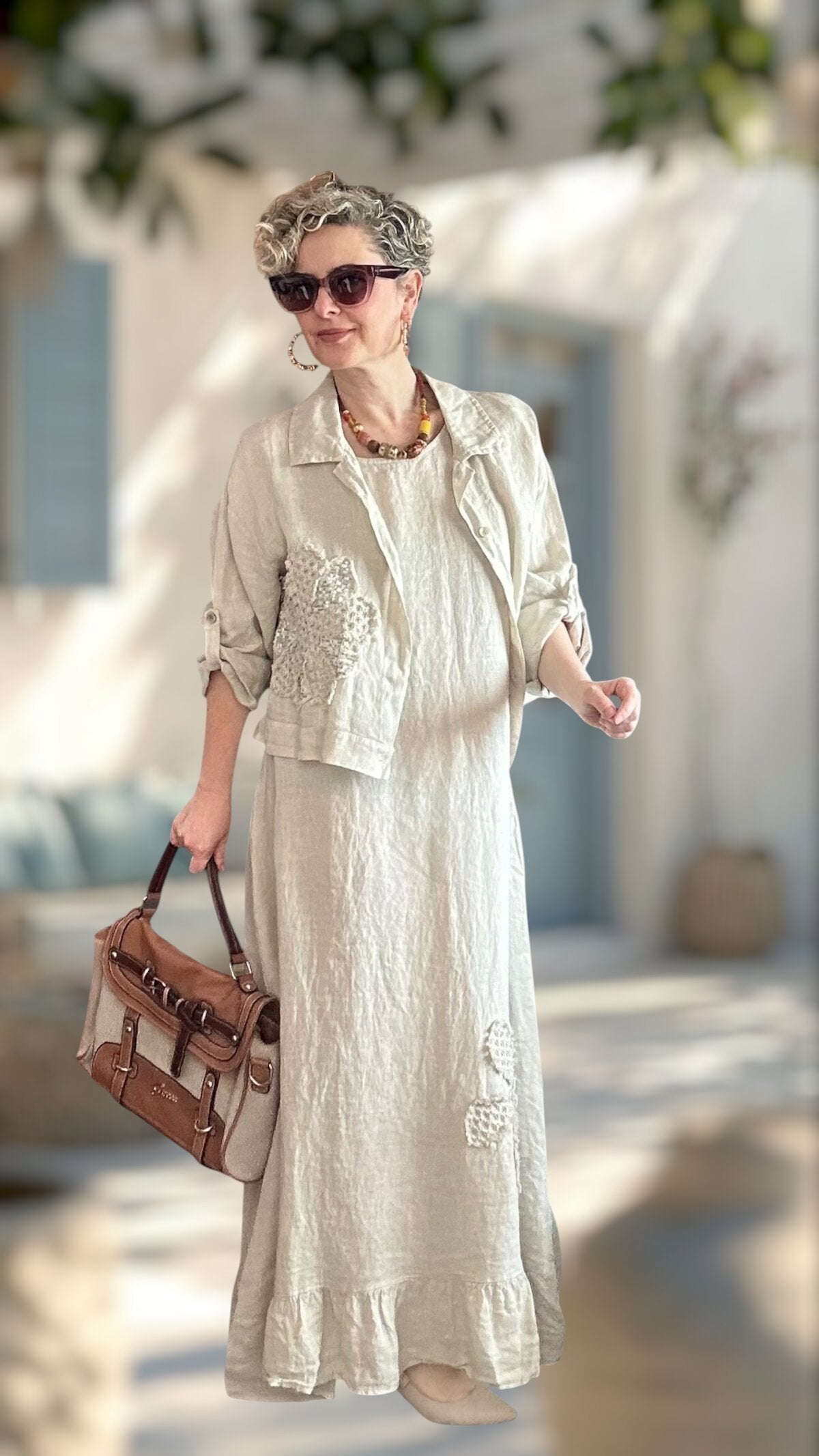 Kubba İthal %100 Linen Ceket & Kolsuz Elbise Takımı Papatya Beige