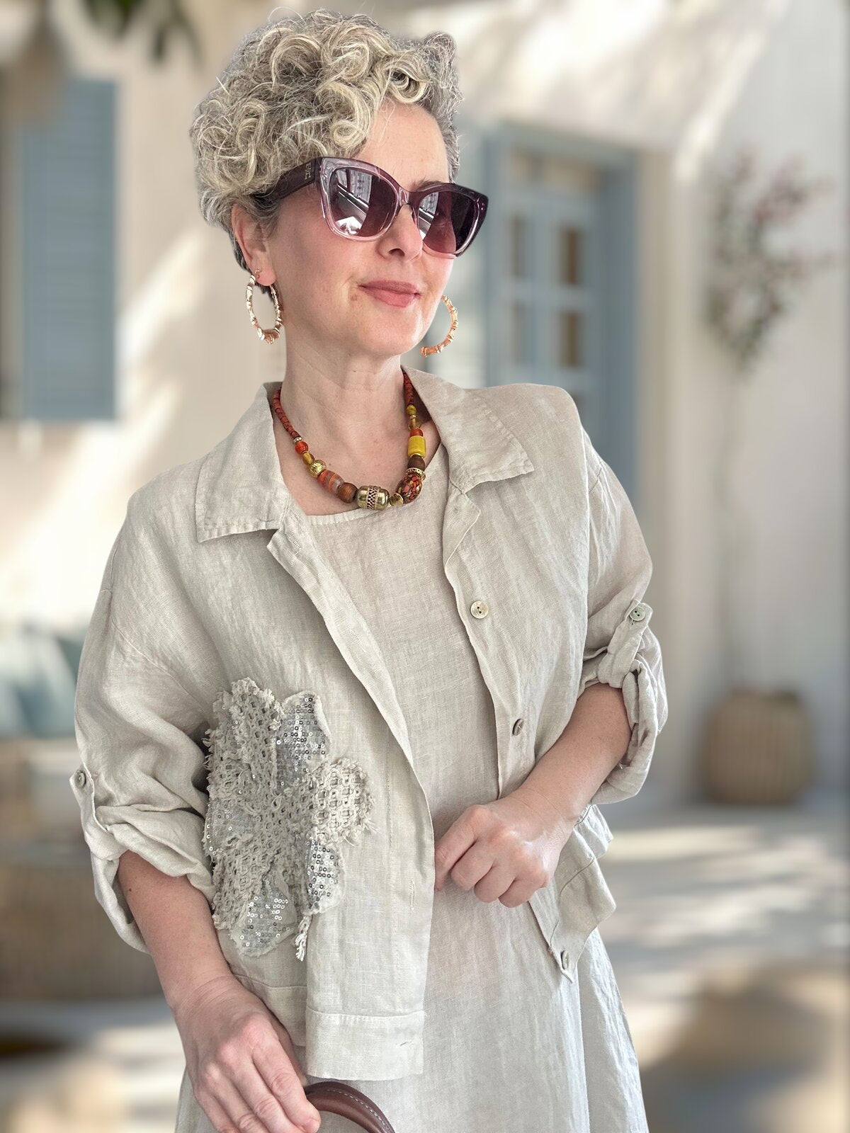 Kubba İthal %100 Linen Ceket & Kolsuz Elbise Takımı Papatya Beige