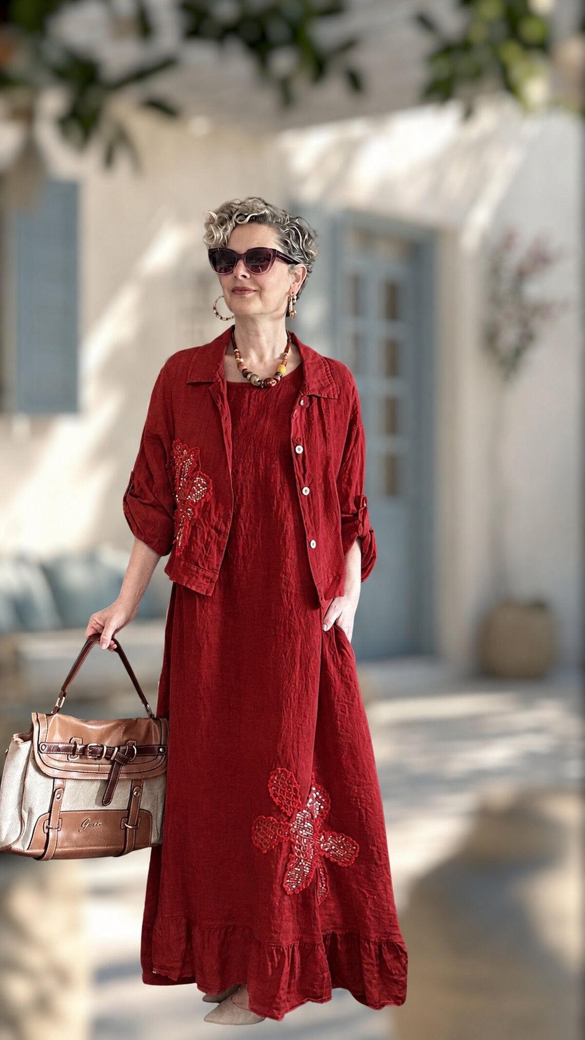 Kubba İthal %100 Linen Ceket & Kolsuz Elbise Takımı Papatya Bordo