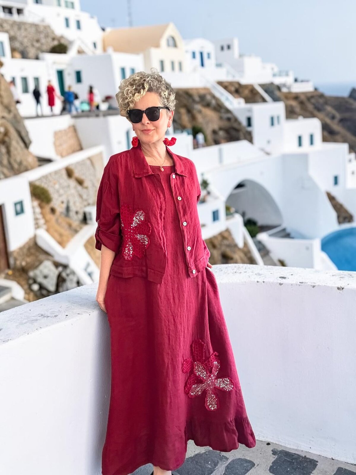 Kubba İthal %100 Linen Ceket & Kolsuz Elbise Takımı Papatya Bordo