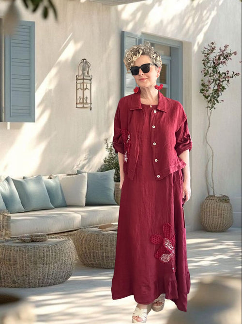 Kubba İthal %100 Linen Ceket & Kolsuz Elbise Takımı Papatya Bordo