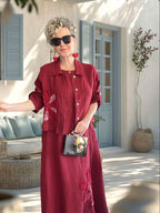 Kubba İthal %100 Linen Ceket & Kolsuz Elbise Takımı Papatya Bordo
