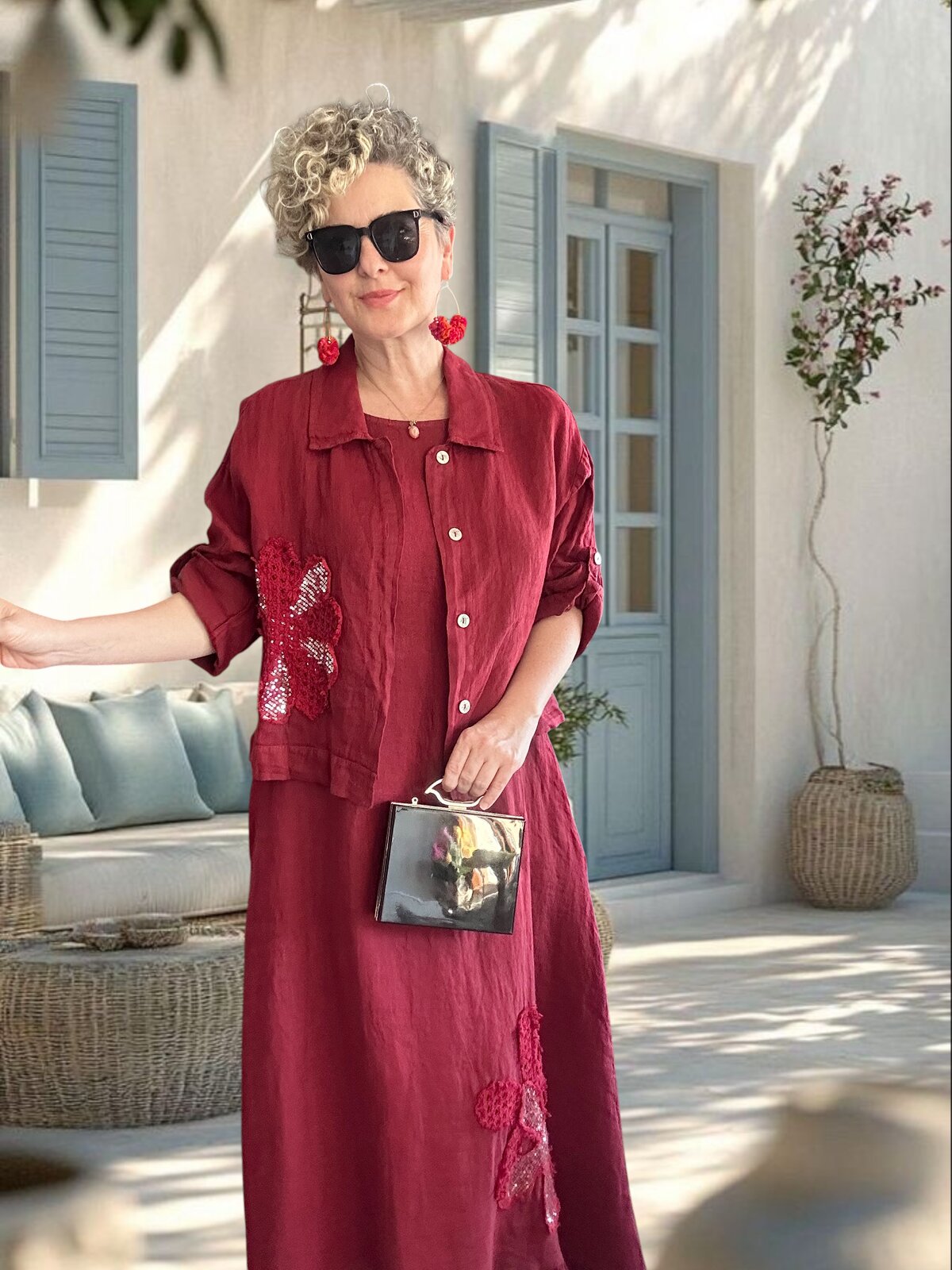 Kubba İthal %100 Linen Ceket & Kolsuz Elbise Takımı Papatya Bordo