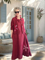 Kubba İthal %100 Linen Ceket & Kolsuz Elbise Takımı Papatya Bordo