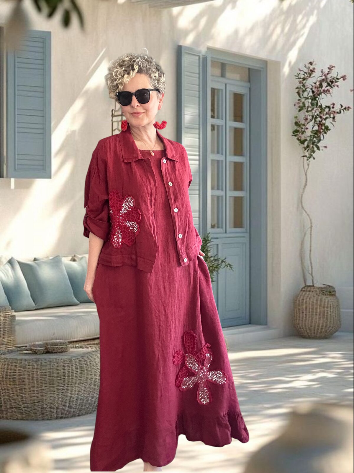 Kubba İthal %100 Linen Ceket & Kolsuz Elbise Takımı Papatya Bordo