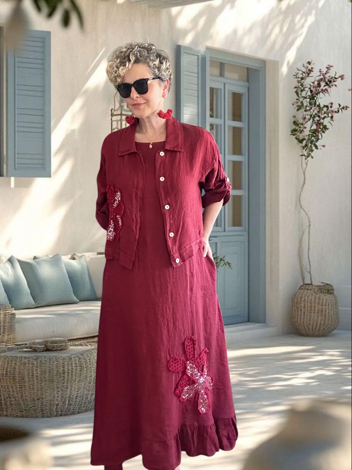 Kubba İthal %100 Linen Ceket & Kolsuz Elbise Takımı Papatya Bordo