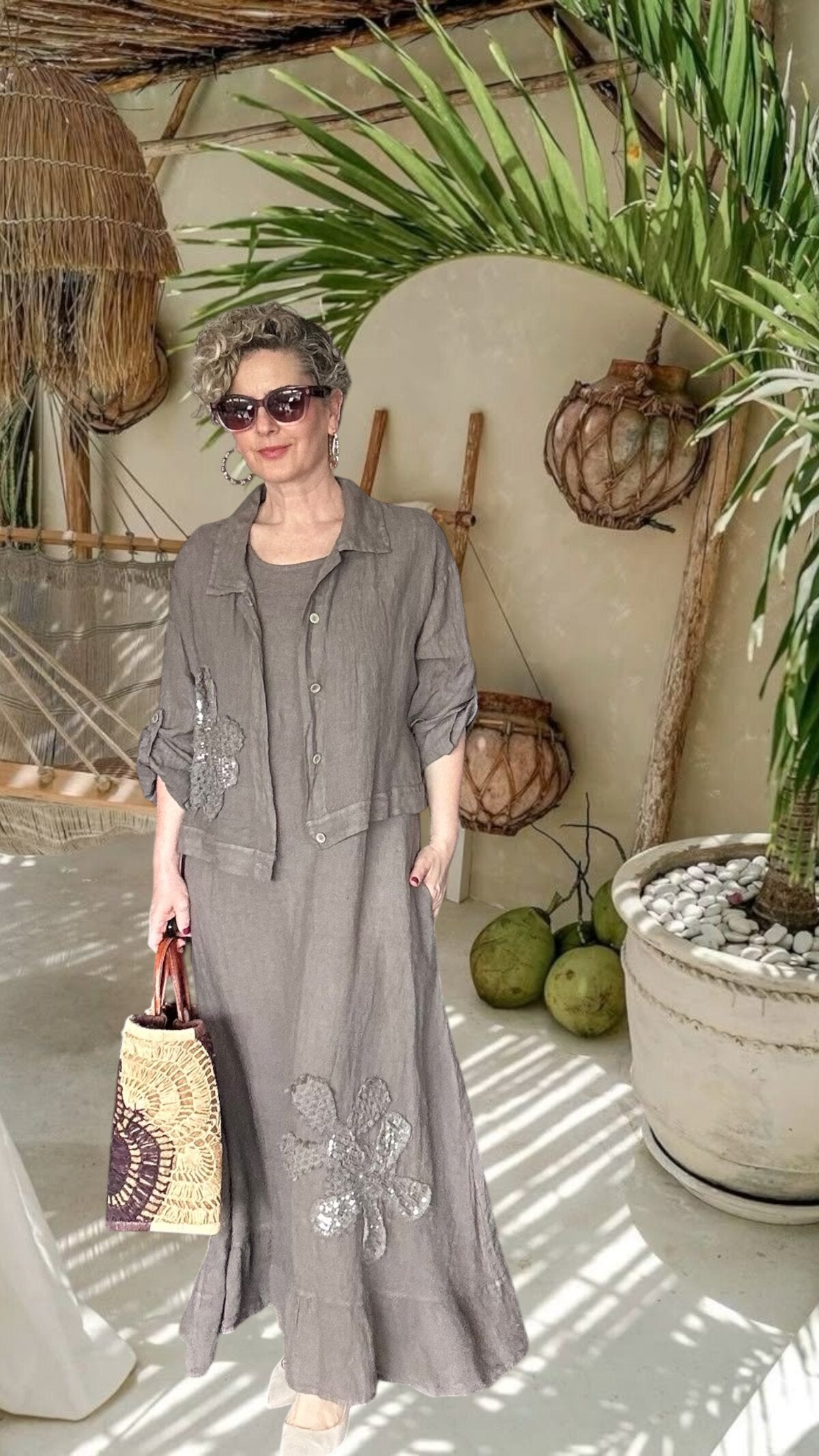 Kubba İthal %100 Linen Ceket & Kolsuz Elbise Takımı Papatya Fango