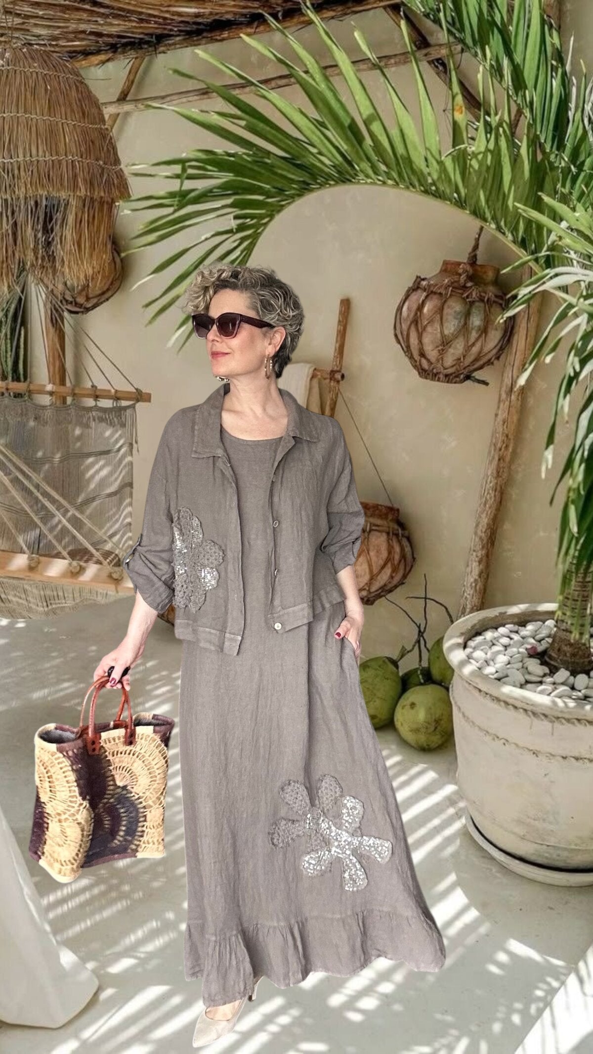 Kubba İthal %100 Linen Ceket & Kolsuz Elbise Takımı Papatya Fango