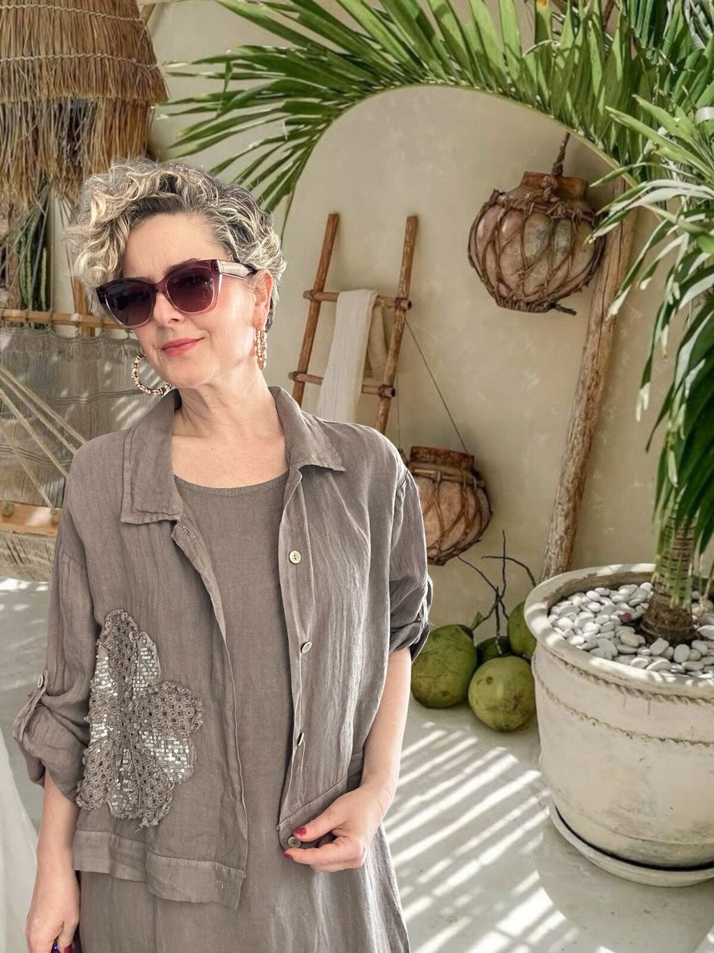 Kubba İthal %100 Linen Ceket & Kolsuz Elbise Takımı Papatya Fango