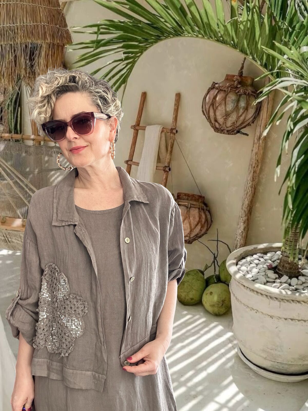 Kubba İthal %100 Linen Ceket & Kolsuz Elbise Takımı Papatya Fango