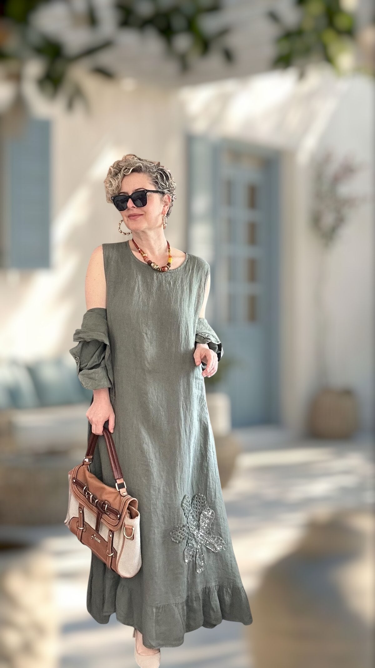 Kubba İthal %100 Linen Ceket & Kolsuz Elbise Takımı Papatya Haki