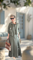 Kubba İthal %100 Linen Ceket & Kolsuz Elbise Takımı Papatya Haki