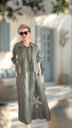 Kubba İthal %100 Linen Ceket & Kolsuz Elbise Takımı Papatya Haki
