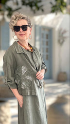 Kubba İthal %100 Linen Ceket & Kolsuz Elbise Takımı Papatya Haki
