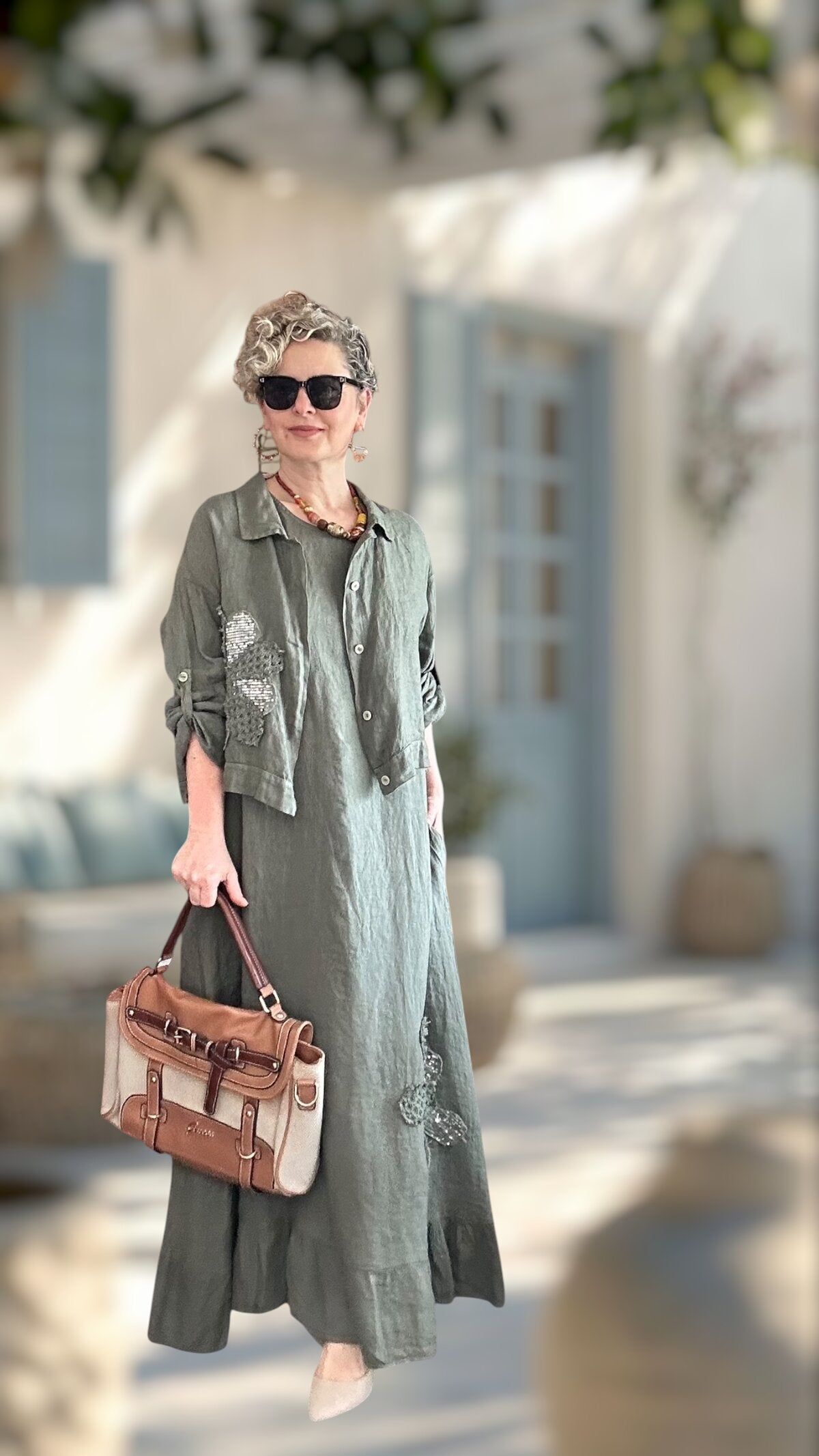 Kubba İthal %100 Linen Ceket & Kolsuz Elbise Takımı Papatya Haki